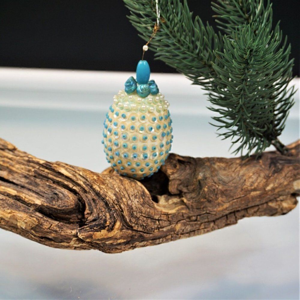 Vintage Christmas Egg Ornament Sequin Jeweled  Handmade Beaded Blue White